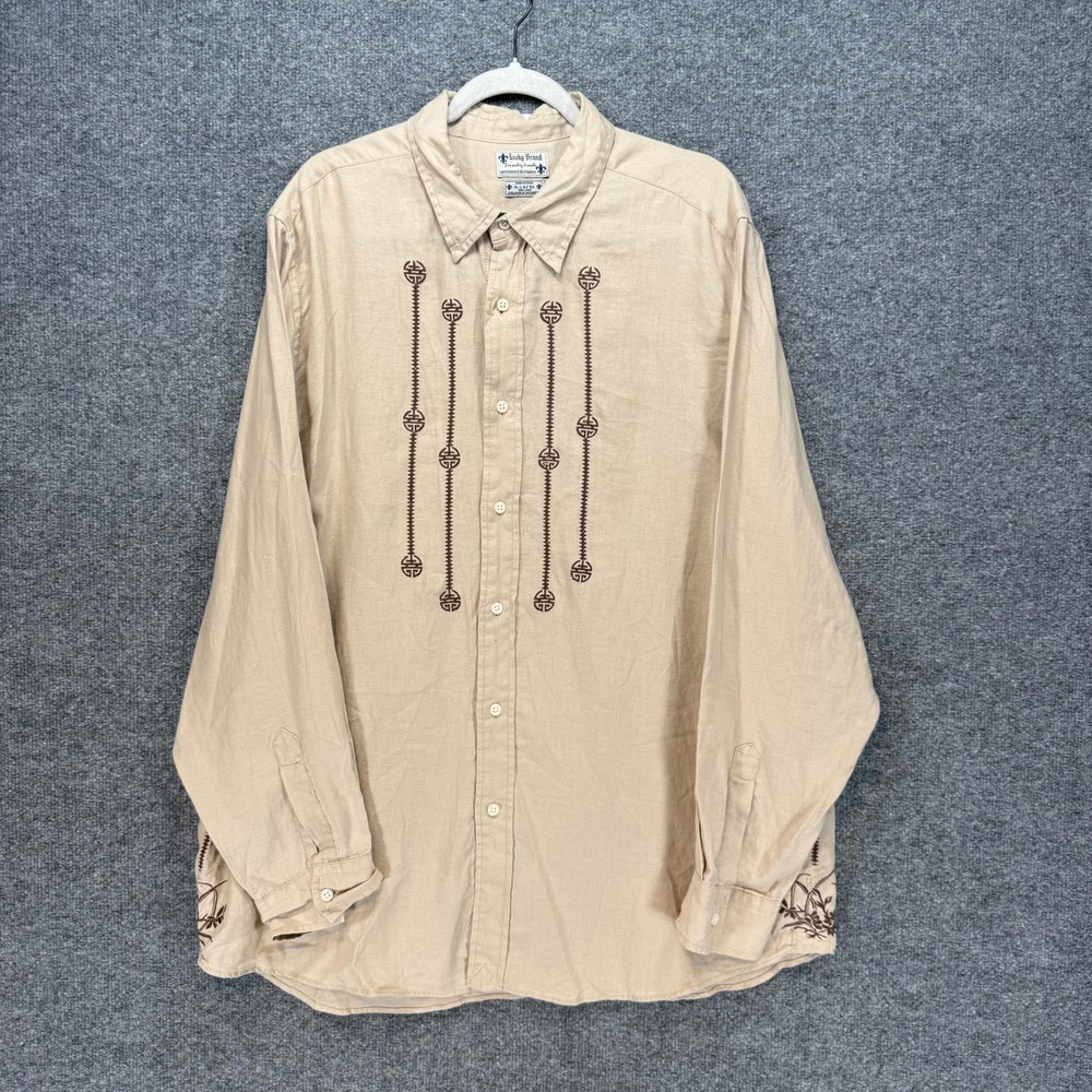 Lucky Brand Button Up Shirt Men XL Beige Embroidered Linen Guayabera Roakcabilly
